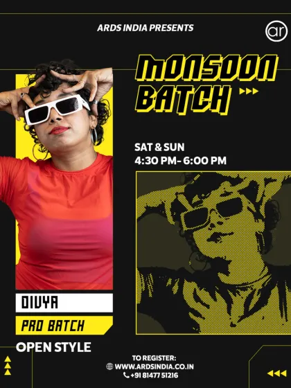 For experienced dancers, our Open Style Pro Batch with Divya is designed to push your creativity, movement, and performance skills to the next level.