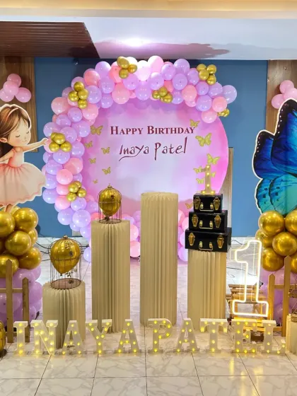 An enchanting fairy theme for Inaya Patel's first birthday, using a soft pink and purple palette with gold balloon accents.