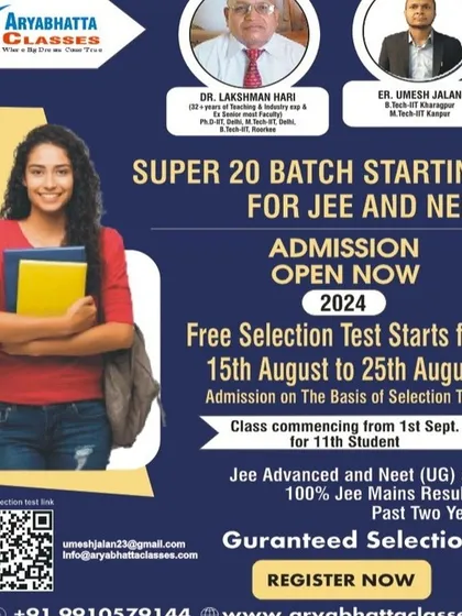 Admissions are now open for our flagship Super 20 Batch for JEE and NEET. With guaranteed selection and mentorship from top faculty, including IIT alumni, this is your chance to secure a top rank. Register for the free selection test today.