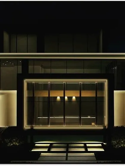 Another rendering of the clubhouse project, focusing on the main entrance. Here, we used the simulation to define the clean, geometric lines of the structure with warm, continuous light.