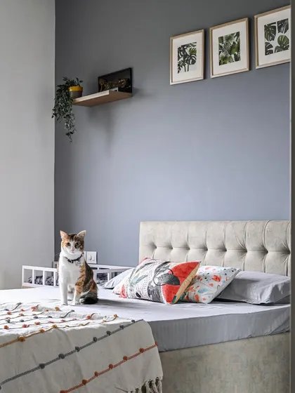 This bedroom was designed with a four-legged client in mind. While she has her own custom bed nook, she seems to prefer the main bed. The room features a calm grey wall color and framed botanical prints.