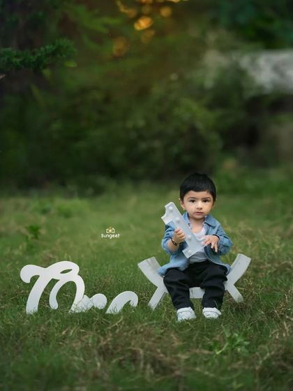 A charming outdoor portrait for a toddler's milestone shoot. This little boy is celebrating turning one, sitting proudly with a 'One' prop in a beautiful, natural park setting.