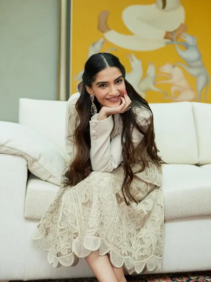 Styling the one and only Sonam Kapoor in a delicate lace ensemble from Studio Moonray. This look is all about soft, romantic elegance, finished with a beautiful oversized bow for a touch of whimsy.