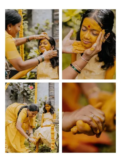 A collage of a young woman's Half Saree Haldi ceremony, showing the traditional application of turmeric by family members.
