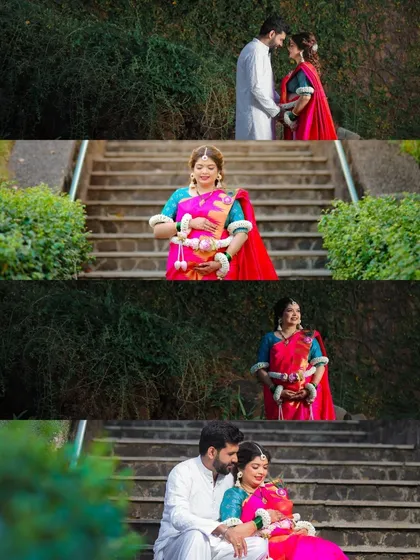 A series of portraits of the couple on a staircase during their traditional baby shower shoot, capturing their loving interactions.