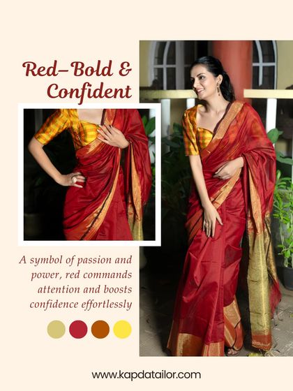 Red for bold and confident. This graphic from my color psychology series shows how a red saree can command attention and boost confidence.