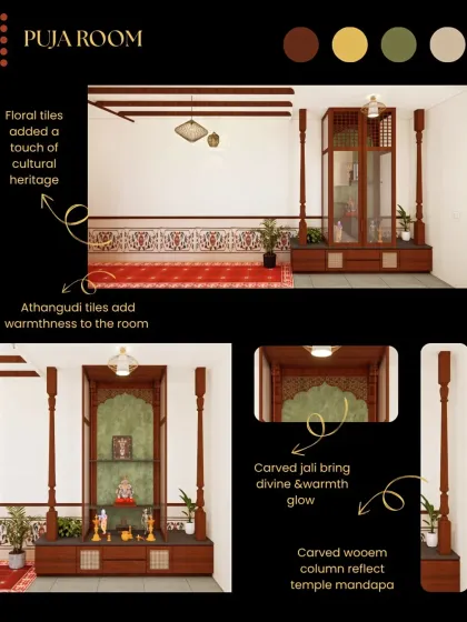 The puja room is designed as a serene sanctuary. Carved wooden columns evoke a temple mandapa, while traditional Athangudi and floral tiles add warmth and cultural heritage. The carved jali screen creates a divine, glowing light.
