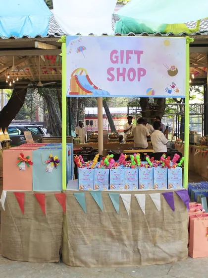 The full 'Gift Shop' setup I created for the kids' Holi party, stocked with fun return favors and prizes.