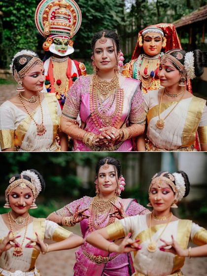 A collage showing the bride with traditional dancers, capturing the unique and artistic elements of her wedding at Kunnathur Mana.