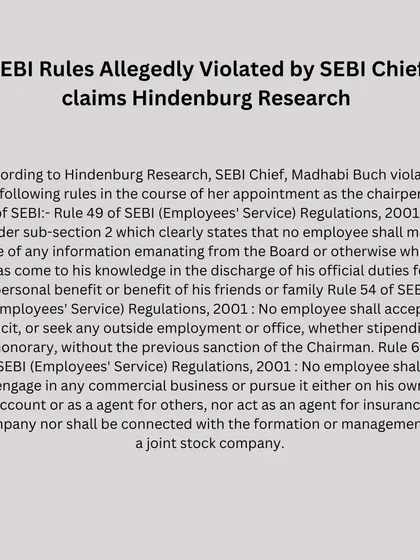 This graphic lists the specific SEBI (Employees' Service) Regulations, 2001, that were allegedly violated, including rules against outside employment and engaging in commercial business.