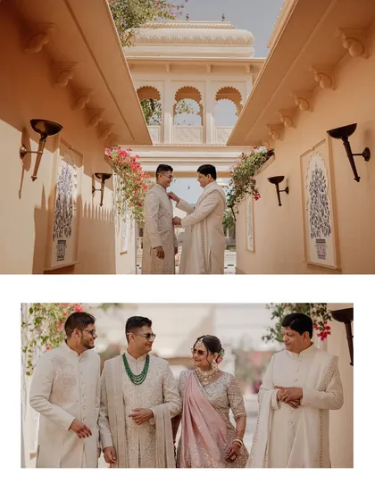 A collage showing the groom getting ready with his family and later walking with his bride through the beautiful corridors of The Oberoi Udaivilas.