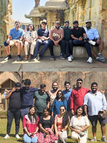 Two different group photos from Hampi, showing the relaxed and friendly atmosphere of our trips.