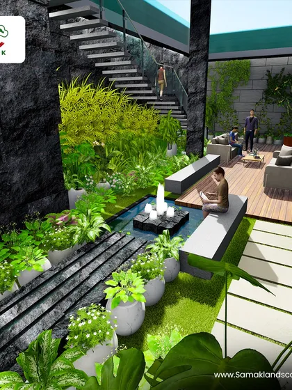 Even the most compact urban spaces can be transformed into a green oasis. This 3D render illustrates a multi-level courtyard design that cleverly integrates a seating deck, lush plantings, and a central water feature to create a private, modern retreat.