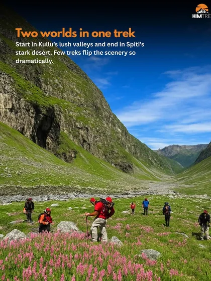 Hampta Pass offers two worlds in one trek. You start in the lush, flower-filled valleys of Kullu and cross over into the barren, desert landscape of Spiti.
