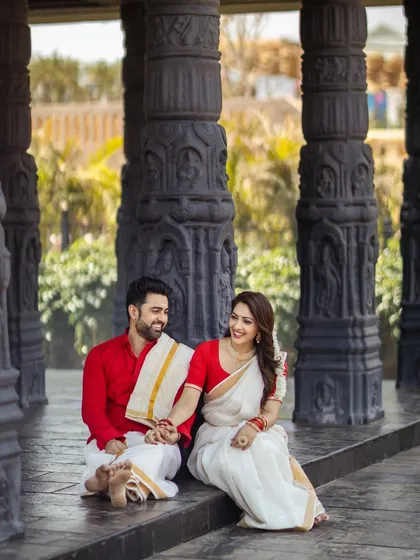 I love styling couples for their pre-wedding shoots, especially with traditional themes. This classic South Indian look, featuring a simple white and gold border saree, creates a timeless and beautiful memory.