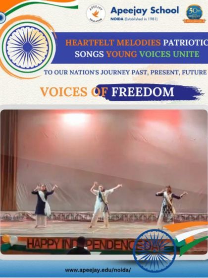 A trio of students performs a patriotic dance, their movements synchronized in a heartfelt tribute to the nation. Our Independence Day celebrations are a platform for students to express their patriotism through art.