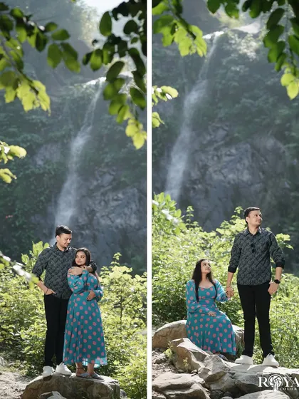 A diptych of a couple in matching printed outfits posing against a beautiful waterfall backdrop.