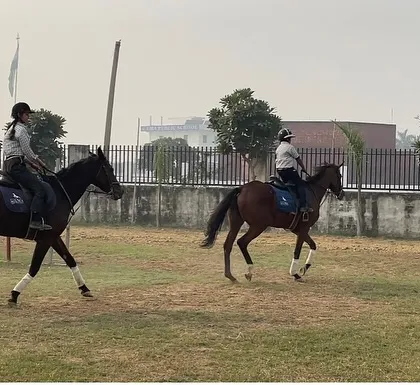 Riders practice in a group session, moving in unison across the training field. This demonstrates our structured approach to teaching horsemanship skills.