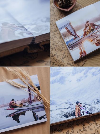 A collage showcasing the beautiful lay-flat pages and high-quality printing of a luxury wedding album.