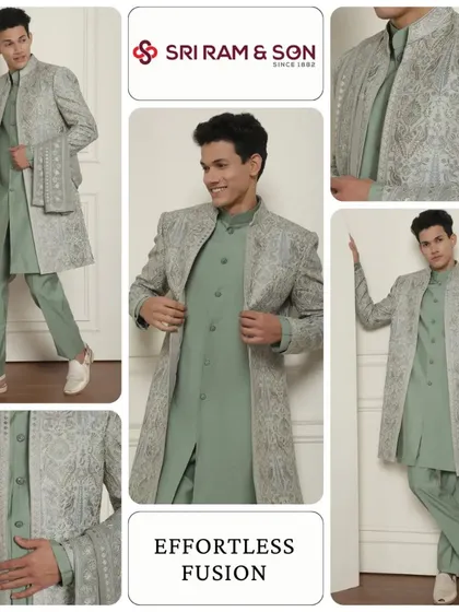 Effortless fusion is what I aim for. This mint green kurta paired with a heavily embroidered silver-grey jacket is a stunning Indo-Western outfit that makes a bold statement.