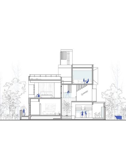 A cross-section of the 'Cube Square' residence, illustrating the vertical connection between spaces and the central role of the indoor courtyard. These diagrams are crucial for communicating the three-dimensional quality of our designs.