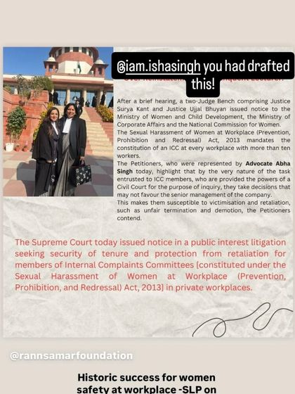 A social media post celebrating a historic step forward for women's safety at the workplace. The Supreme Court issued a notice in our public interest litigation seeking tenure security for members of Internal Complaints Committees, a crucial move towards ensuring their impartiality.