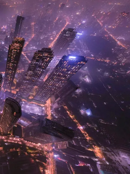 A dramatic aerial view looking down the canyons between Mumbai's skyscrapers at night. The drone captures the verticality and density of the city.