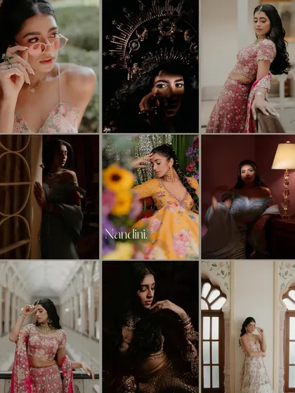 Another example of capturing a bride's versatility. This collage shows off various styles, from a dramatic, dark portrait with a crown to a bright and sunny look surrounded by flowers.
