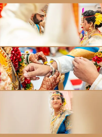 A collage of intimate moments from a Marathi wedding ceremony, from the antarpat ritual to the tying of the knot.