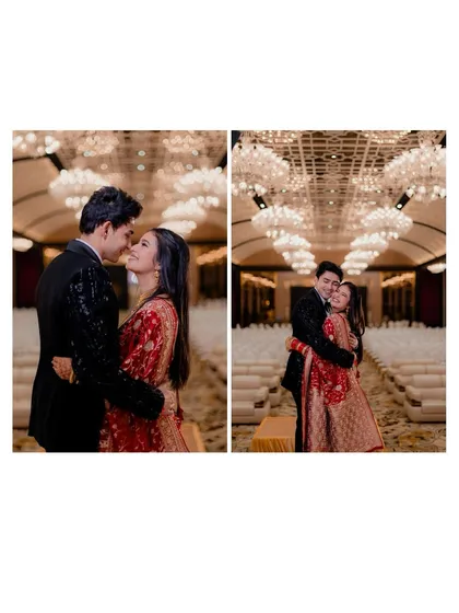 A collage of romantic reception portraits under the magnificent chandeliers, capturing their love from different angles.