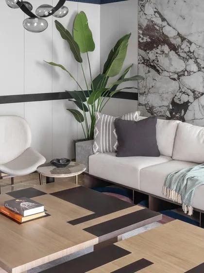 A close-up of the seating area, where a large plant adds a touch of nature. The combination of a plush sofa, patterned pillows, and a striking marble wall creates a balanced and inviting corner.