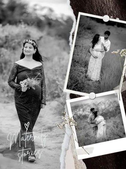 A collage of maternity stories. This creative edit combines several black and white images from an outdoor session to tell a more complete story of their journey.