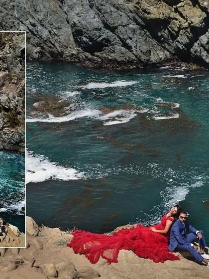 A dramatic coastal shot where the red gown's train is spread across the rocks by the turquoise water. It shows how versatile my gowns are for any epic landscape.
