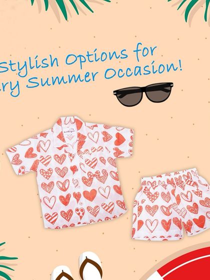 Our 'Hello Summer' co-ord set in a lovely red heart print. This shirt and shorts combo is perfect for beach days or warm summer evenings.