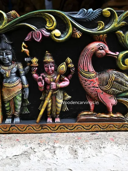 A section of the 72-inch colorful Meenakshi Thirukalyanam panel. This close-up shows Lord Mahadev and a hamsa bird, rendered in brilliant colors against a black background for maximum contrast.