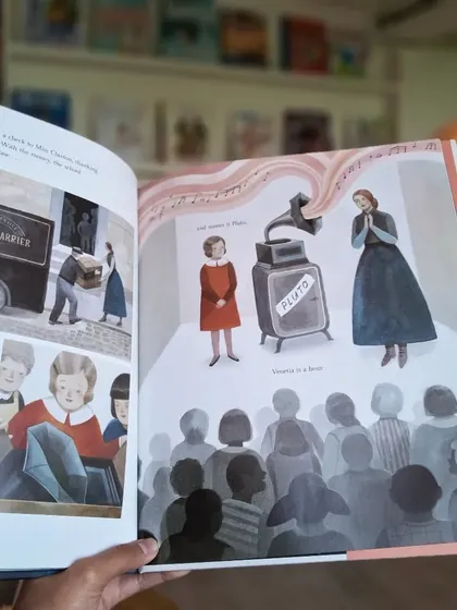 An illustration from 'The Girl Who Named Pluto', showing the moment Venetia Burney's idea was shared with the world.