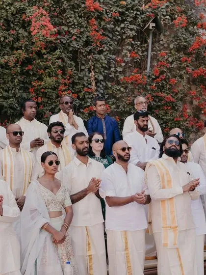 Family and friends gather for the 'Santosham' themed Ganesh Puja, embracing the groom's rich Tamil heritage.