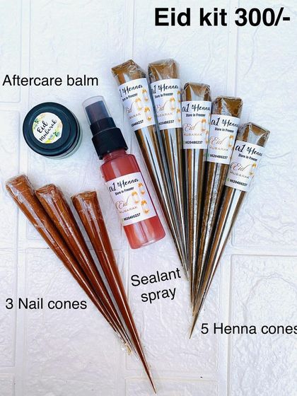 My standard Eid Kit comes with 5 henna cones, 3 nail cones, and my essential aftercare products for a complete henna experience.