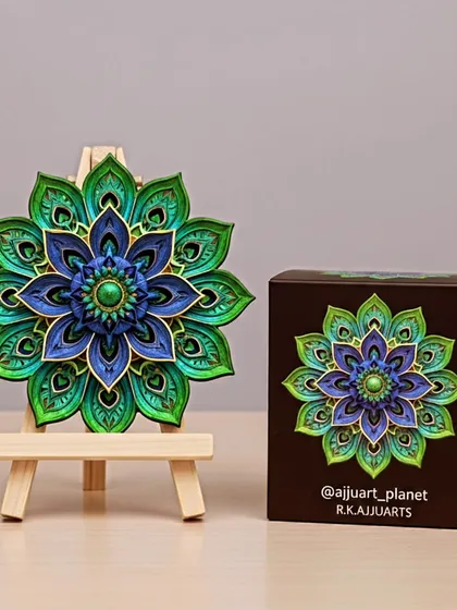 Inspired by the beautiful colors of a peacock, this hand-painted mandala is made to bring vibrancy and joy. It is created on a sturdy base and comes in its own box, making it a wonderful gift of positivity.
