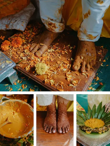A collection of detail shots from the Haldi ceremony, from the haldi paste itself to the feet of the groom, capturing the traditional elements of the ritual.