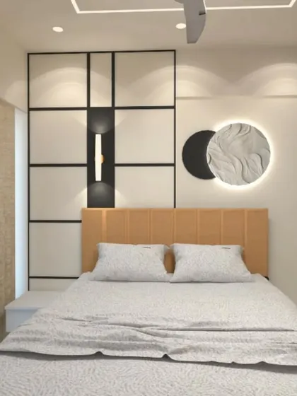 A geometric design with black framing and circular art pieces for a bold, contemporary look.