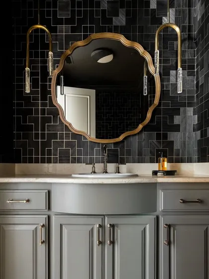 This atmospheric powder room showcases the 'Fretwork' collection from Phillip Jeffries in a bold charcoal shade. The elaborate geometric pattern adds depth and sophistication, turning a small space into a dramatic design moment.