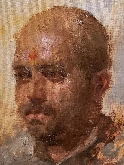 The completed portrait from the Kamalnayan Bajaj Art Gallery session. This oil on canvas painting captures the subject's thoughtful expression, with the red tilak providing a striking focal point.