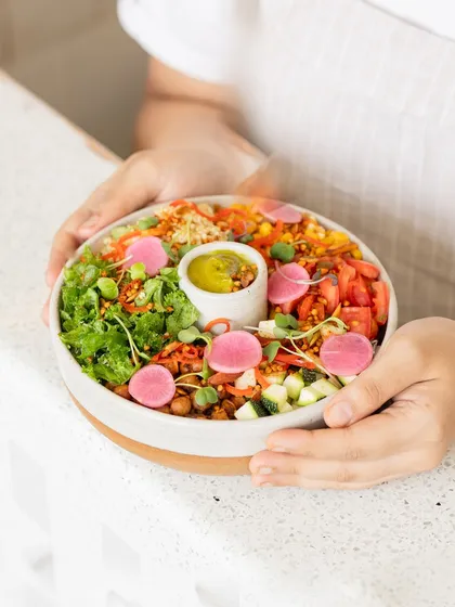 This is what our food is all about: colorful, fresh, and packed with nutrients. We design every dish, like this vibrant nourish bowl, to be good for your gut and a treat for your eyes.