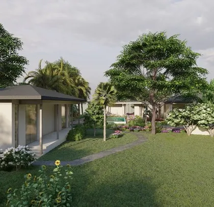This render provides a holistic view of the Alibag villa and its surrounding landscape, showing how the different buildings and garden areas connect.