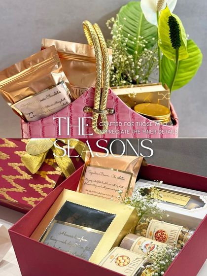 A "Mithaas Bhara Tohfa" is a testament of love. This collage showcases two of my popular hamper styles, one in a chic pink basket and the other in a classic red box, both filled with an assortment of my finest creations.