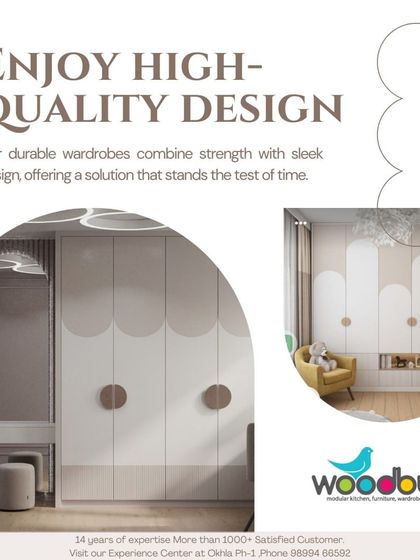 I believe in high-quality design that stands the test of time. This wardrobe features a unique scalloped or curved door design, adding a soft, elegant touch. It's a durable and stylish solution, shown here integrated with a matching vanity.