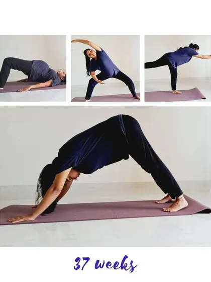 Yes, you can do this even at 37 weeks. Yoga isn't about being flexible; it's about connecting with your body. This beautiful collage shows one of our mamas staying active and strong right up until the end of her pregnancy.