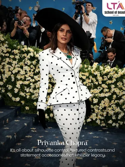 Priyanka Chopra's look is all about silhouette control and textured contrasts. We deconstruct how her statement accessories and polka-dot suit create a look that whispers legacy and commands attention.