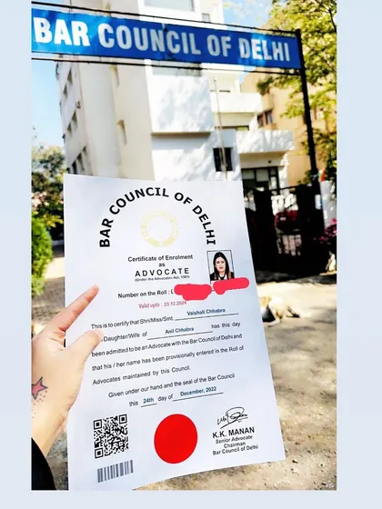 This was a truly proud moment for me, officially becoming Advocate Vaishali Chhabra. Holding my enrollment certificate from the Bar Council of Delhi represents years of hard work, dedication, and the start of a new chapter in my professional journey.